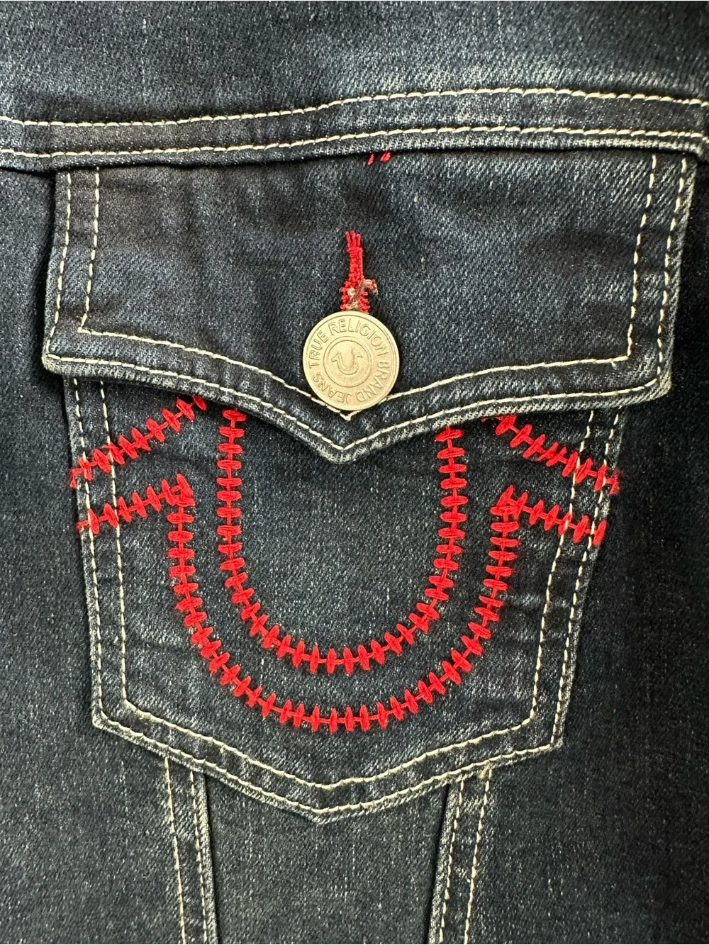 True Religion Denim Jacket Red Ladder Stitch Men’s siz M Dark Wash MSRP $184 New